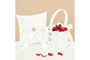 Noamus 2 Pack Flower Girl Basket and Ring Bear Pillow Set, Cute Lace Pearl Flower Baskets with Ring Cushion, Cherish Ivory Rhinestones Satin Wedding Fairy Decor Party Ceremony