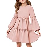 Girls Lantern Long Sleeve Dress Kids Flowy Tiered Ruffle Crewneck A-Line Fall Dresses 5-14 Years
