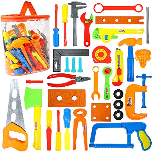 PROLOSO 37 Pcs Construction Tool Toys Set for Kids Pretend Play Construction Accessories Playset with Carry Bag