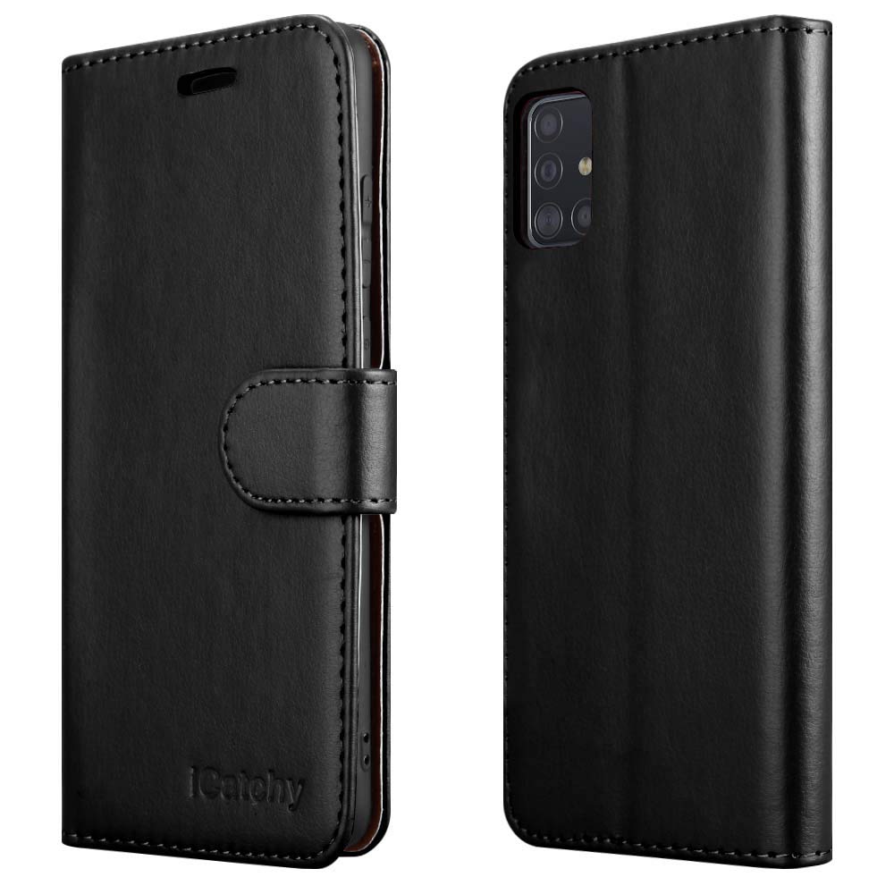 iCatchy For Samsung Galaxy A51 Case Leather Wallet Book Flip Folio Stand View Cover Pouch Compatible with Samsung Galaxy A51 Phone case (Black)