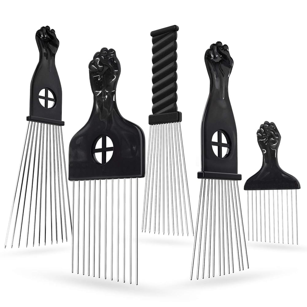 KMIIMET5 Pack Afro Pick Afro Comb Metal Picks for Hair, Afro Pick Combs for African American Hair Styling Tool Hair Comb for Hair Styling Hair Picks for Curly Hair Fist Pick for Hair