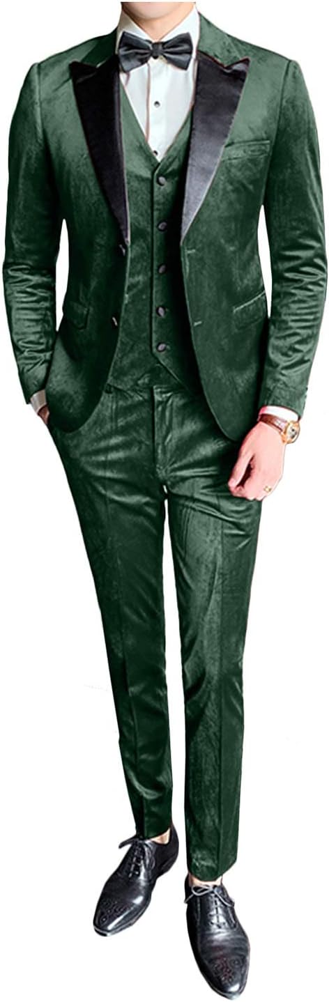 GATMSTZ Men's Stylish Velvet 3 Pieces Suit Peak Lapel Wedding Prom Blazer Pants