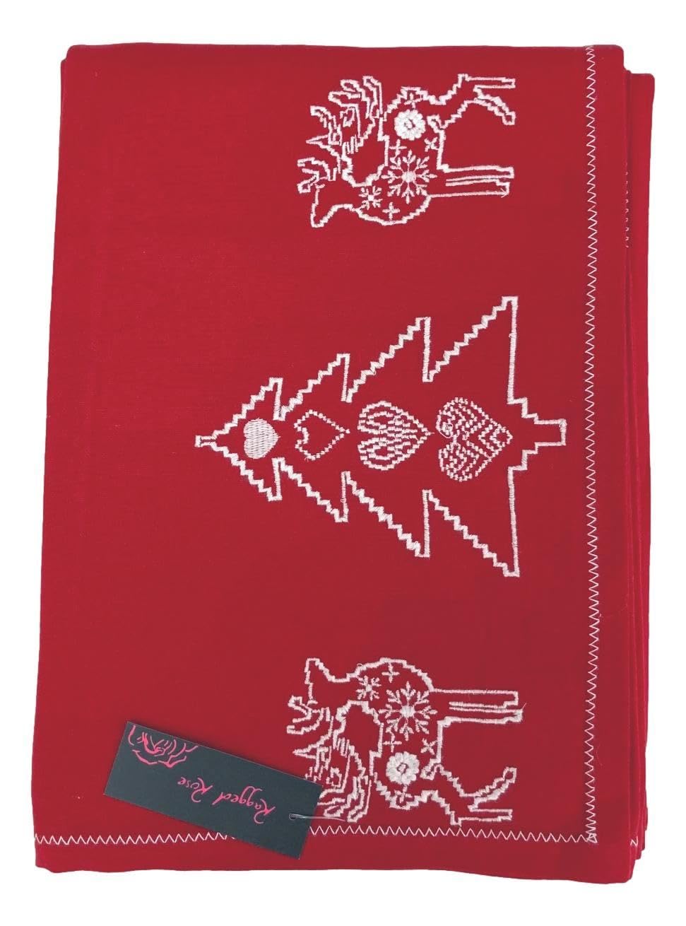 Ragged Rose Christmas Table Cloth - Festive Linen Tablecloth with Nordic Style Prints for Living Room & Kitchen - Cotton Tablecloth That Fits a 6-7 Ft Table (WHITE ON RED EMBROIDERD)