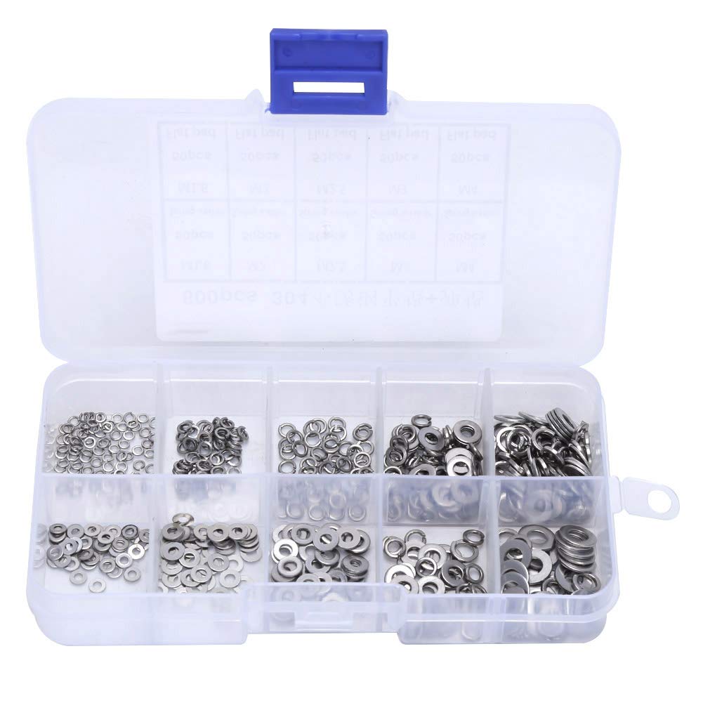 500pcs M1.6-M4| Multiple Sizes Stainless Steel Flat Washer & Spring Gasket Kit Anti-Loose Washer Flat Gasket Ring Assortment KitFastening Parts