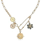BONJOULRY Charm Necklace for Women Gold Evil Eye Sun Moon Flower Coin Pendant Necklace Dainty Paperclip Chain Vintage Luck Amulet Choker Necklaces Celestial Jewelry Gift