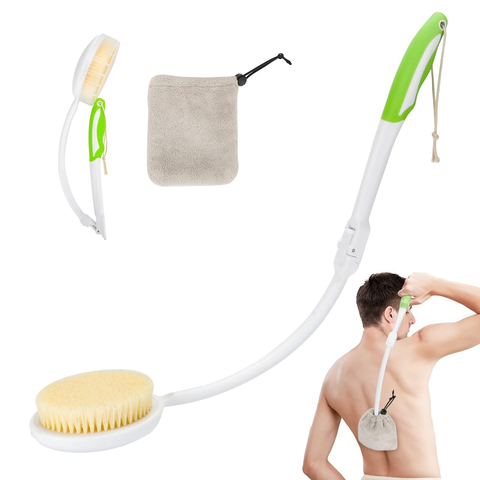 Fanwer Back Brush, Extra Long Handle, Foldable Bath Brushes, Natural Bristles, Towel Brush Head for Wiping Back, Softening
