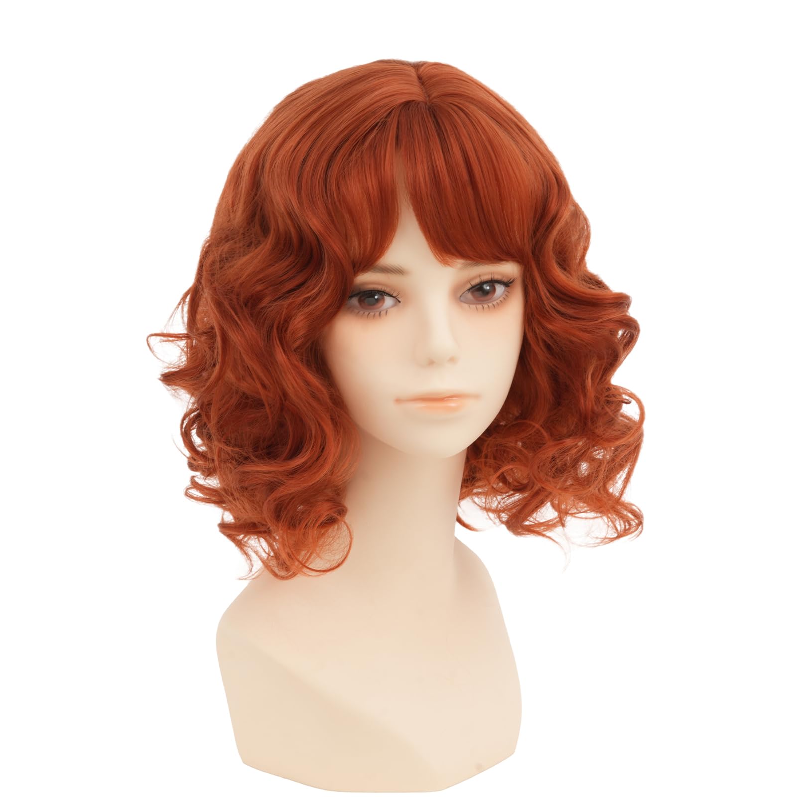 Photo 1 of Daiaces Short Red Orange Curly Wig for Women with Bangs Shoulder Length Wig Curly Natural for Daily Party Use