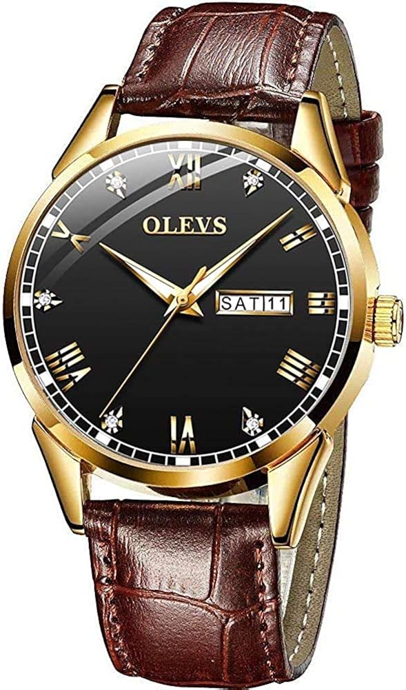 OLEVS Men Watch Brow Leather Strap Black Face Quartz Classic Casual