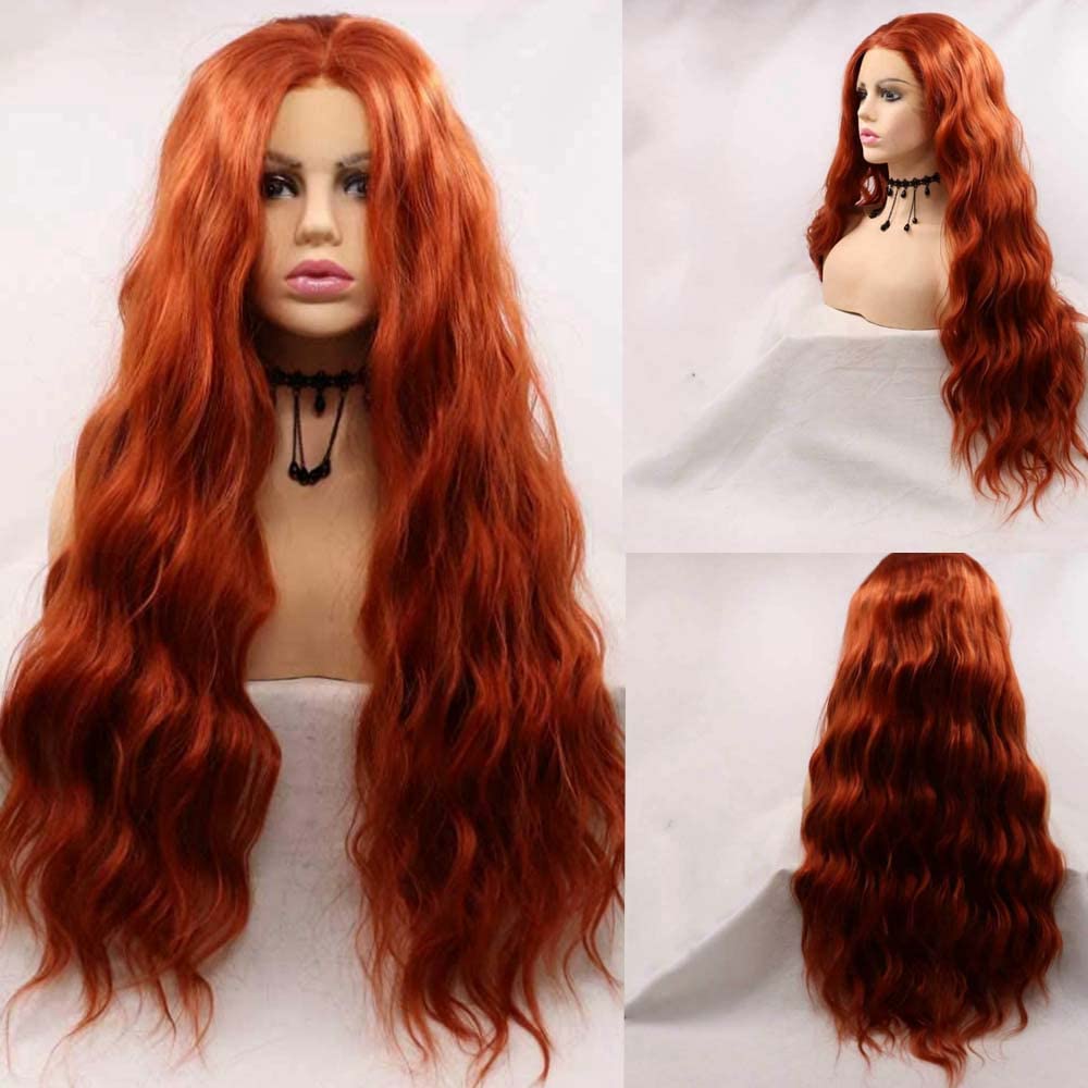 Xiweiya Wigs Synthetic Red Lace Front Wigs For Women Hair Red Brown Color Heat Resisant Fiber Long Loose Wave Hair Long Wavy Wigs Long Soft Wig Cosplay…