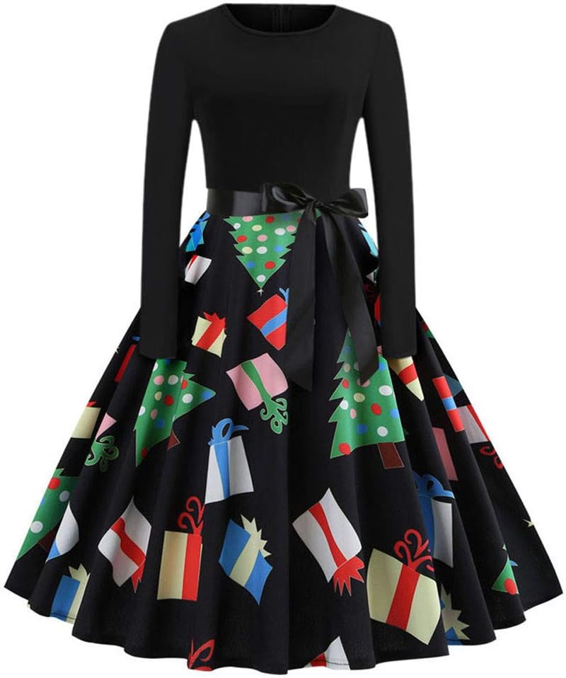 BaZhaHei Christmas Dress Women Vintage Printing Boho Polka Dot Long Sleeve Loose Maxi Evening Party Dress Prom Cocktail Pin Up Swing Princess Dress