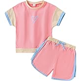 Afsmlys Girls Clothes 4-8T Summer Outfits Toddler Girls Color Block Short Sleeve T-Shirt & Pants Outfit Set