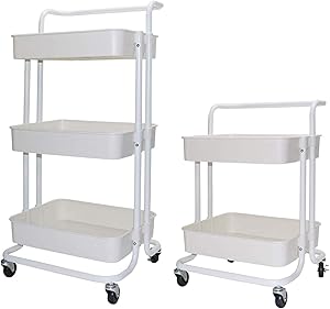 3 Tier Rolling Cart White Utility Storage Cart with Wheels Kitchen Organizer Cart Adjustable Trolley Cart for Home ,Office