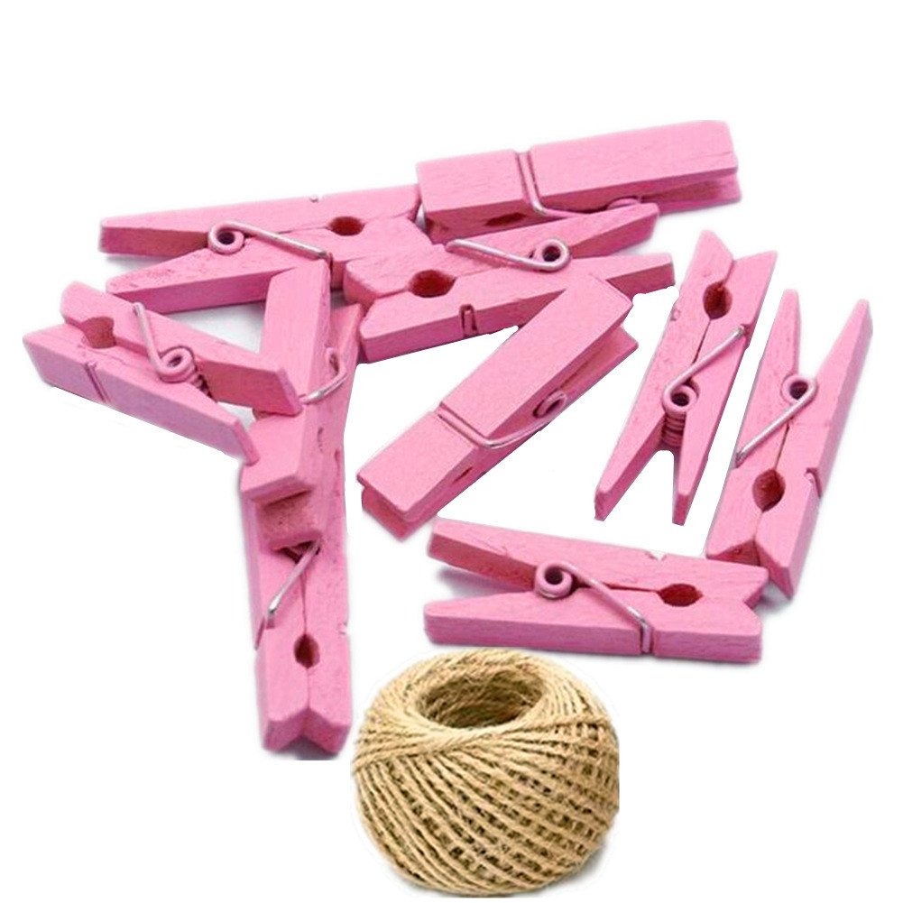 100 Colored Wooden Mini Pegs Clothespins Craft Photo Clips with 20 meters Jute Twine for Craft Rustic Decoration (Pink)