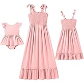 IFFEI Mommy and Me Dresses Summer Matching Outfits Spaghetti Strap Square Neck Ruffle A Line Beach Long Maxi Dress