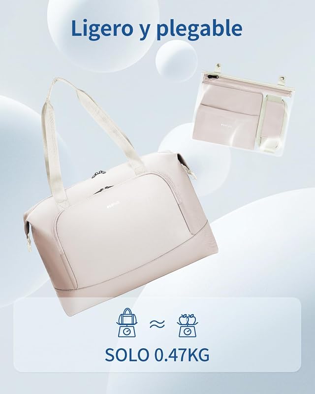 Bolsa de Viaje Plegable, Equipaje de Mano Ligera y Resistente al Agua para el Fin de Semana, Bolsa Viaje con Reciclada Bolsillo Húmedo Extraíble para Mujer y Hombre, 30L-Beige