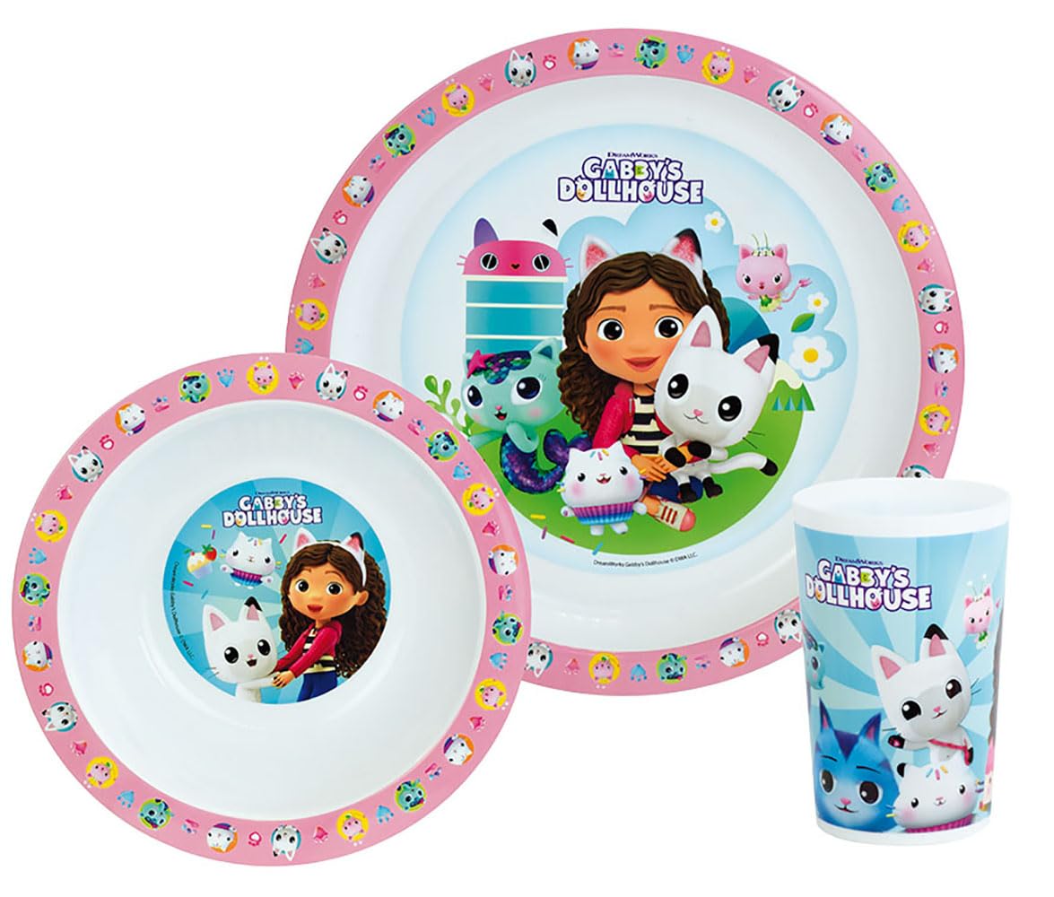 FUN HOUSE Gabby ET LA Maison Magique Meal Set Including 1 Glass 220 ML, 1 Plate Ø 22 CM and 1 Bowl Ø 16 CM MICROWAVABLE for Children