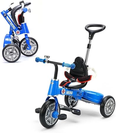 Amazon 三輪車 Mini ミニ ブルー 舵取り三輪車 スマートバー付き 手押し車 手押し棒 折り畳み三輪車 舵取り手押し棒付き三輪車 10インチ ミニベビー 三輪車 おもちゃ
