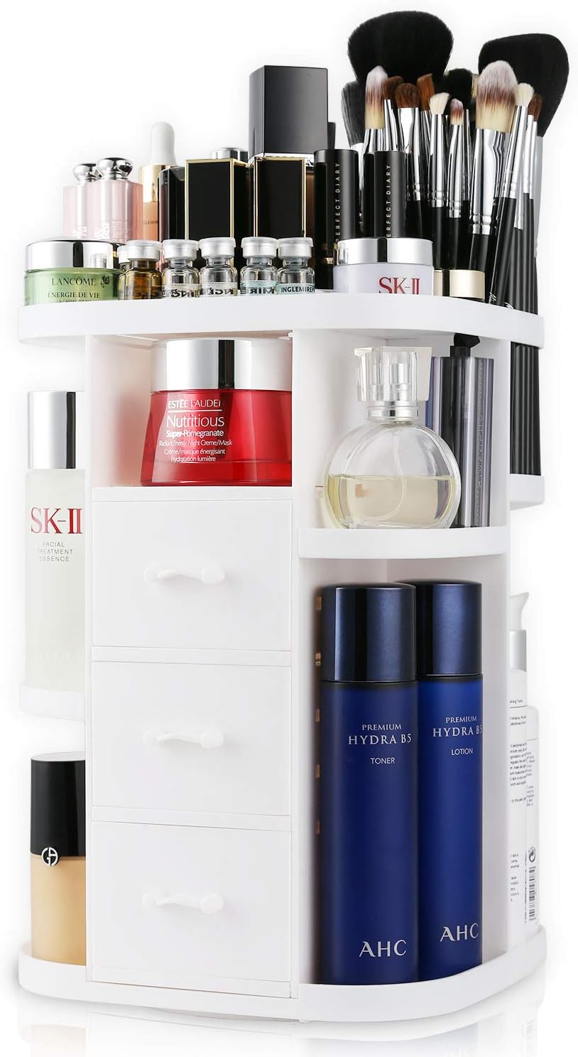 Tellco Makeup Organizer with 3 Drawers, Large Capacity Storage Box for Cosmetics, Bathroom Dresser Vanity, 360 Degree Rotating, White