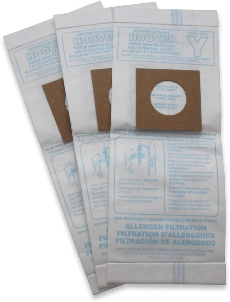 Hoover Type Y Allergen Bags, for WindTunnel Vacuum Cleaners, 3-Pack, 4010100Y, White - Vacuum Bags Upright