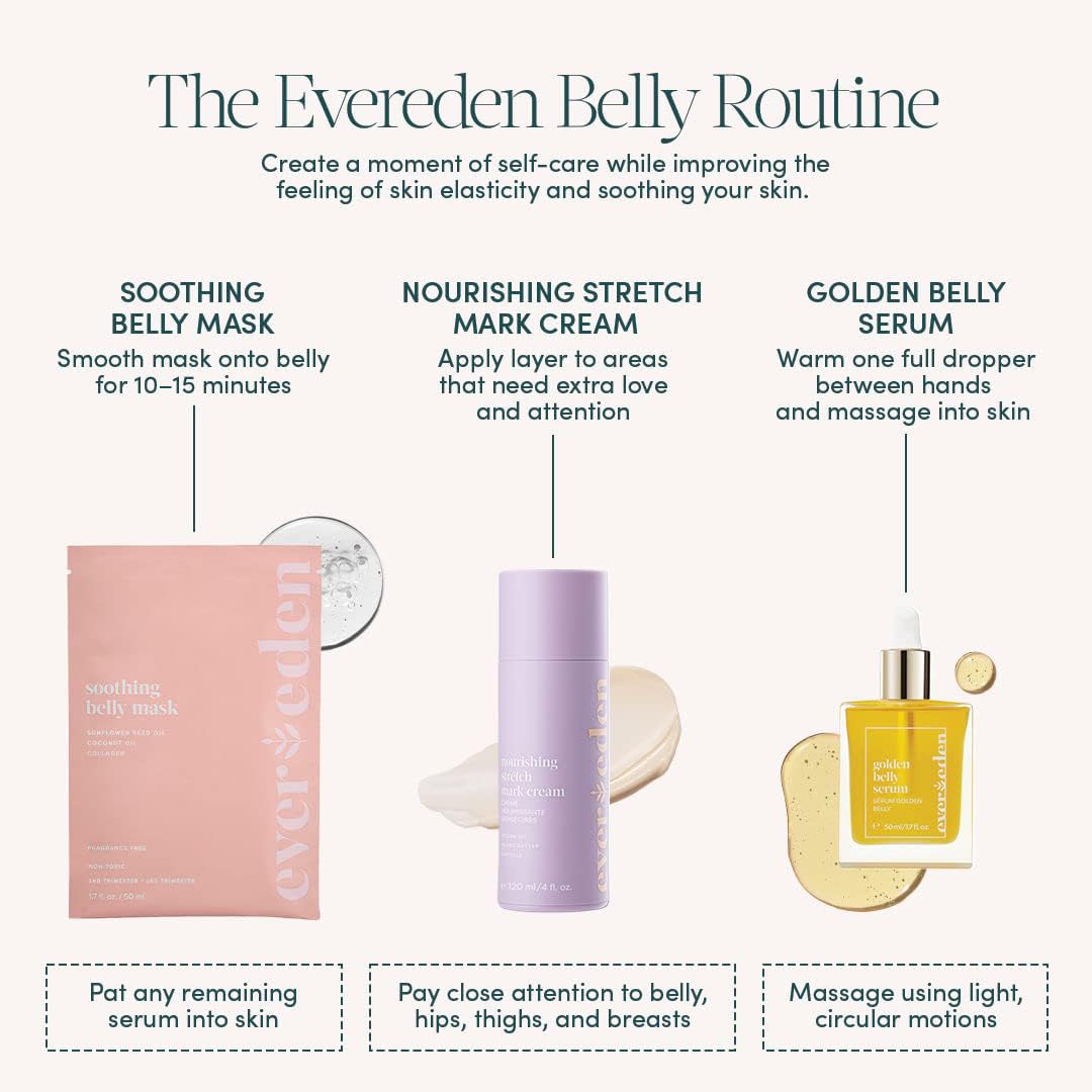 Evereden Nourishing Stretch Mark Cream, 4.0 fl oz. & Golden Belly Serum, 1.7 fl oz. & Soothing Belly Mask for Stretch Marks - 1st/2nd Trimester Size, 4 pack | 3 Item Bundle Set | Pregnancy Skincare