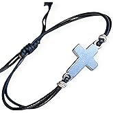 BeGenuine Store Mens Cross Bracelet Genuine Leather and Stainless Steel Sideways Cross Charm Adjustable Unisex Model