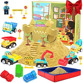 Construction Moving Sand Kit - Kenlaimi Play Sand for Kids - Construction Vehicle Playset - 2lbs Play Sand 6 Mini Construction Trucks 10 Road Signs with Foldable Sandbox Birthday Gifts for Boys Girls