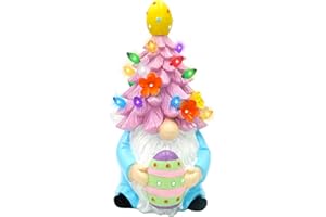 GOVETOM Large Easter Decorations Easter Gnome Lighted 10.23” Easter Gnomes Resin Lighted Up Tree with Multicolored LED Battery Operated for Tabletop Home Room Table Fireplace Office Easter Decor