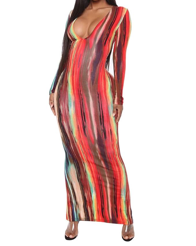 Buy Kafiloe Women Sexy V Neck Bodycon Maxi Dress Long Sleeve Tie Dye Club Dresses Orange S at 