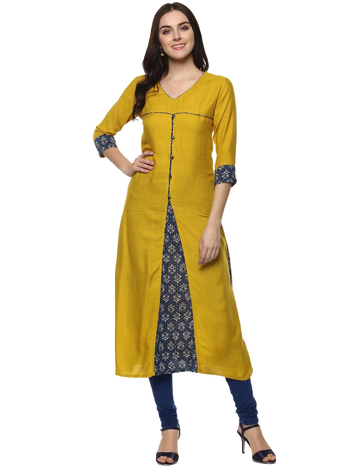 aahwan yellow mustered solid & printed rayon a-line long kurtis for women latest design (ac-1012)