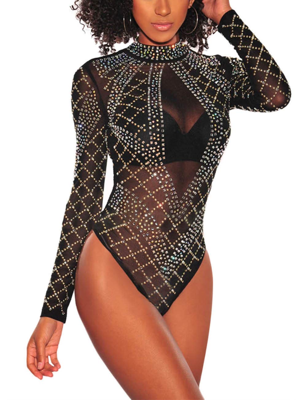 Photo 1 of Lrady Women's Sheer Mesh Turtleneck Neck See Through Leotard Bodysuits Shirt