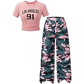 OYOANGLE Girl's 2 Piece Outfits Y2K Short Sleeve Ruched Graphic Tee and Camo Cargo Pants Clothing Set