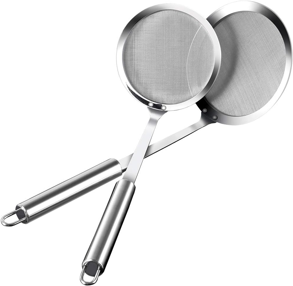 AIEVE 2 Stück Edelstahl Küchensieb Feines Sieb Feinmaschige Edelstahlsiebe Schaumlöffel Abseihlöffel Löffel Filter Set Küche Zubehör zum Filtern von Feuchtigkeit Öl Fett Schaum