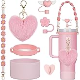 Rabrgab 7Pcs Pink Stanley Cup Accessories Set with Handle Strap, Love Heart/Flower Straw Topper Straw Cover Cap, Silicone Boot, Love Heart Charms for Water Bottle Tumbler 20oz 30oz 40oz