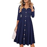 Lamilus Women's Casual Fall 3/4 Sleeve V-Neck Button Down A-Line Swing Party Dress