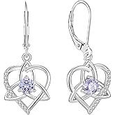 CARICY 925 Sterling Silver Celtic Knot Dangle Earrings Trinity Love Heart Birthstone Knot Leverback Earrings for Women Jewelry Vanlentine's Day Christmas Gifts