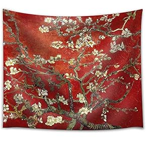 "Blossoming Almonds on Red by Vincent Van Gogh - Fabric Tapestry, Home Decor - 51x60 inches