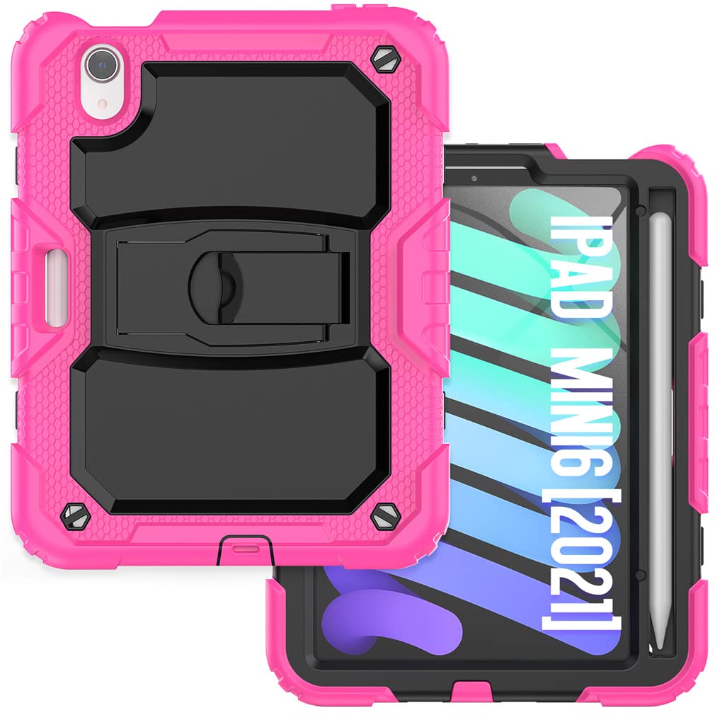 Case Suitable for iPad Mini 6th Generation 8.3 Inch 2021 with Invisible Folding Stand, Heavy Duty Rugged Shockproof Protective Case with Pencil Holder, Rose Red