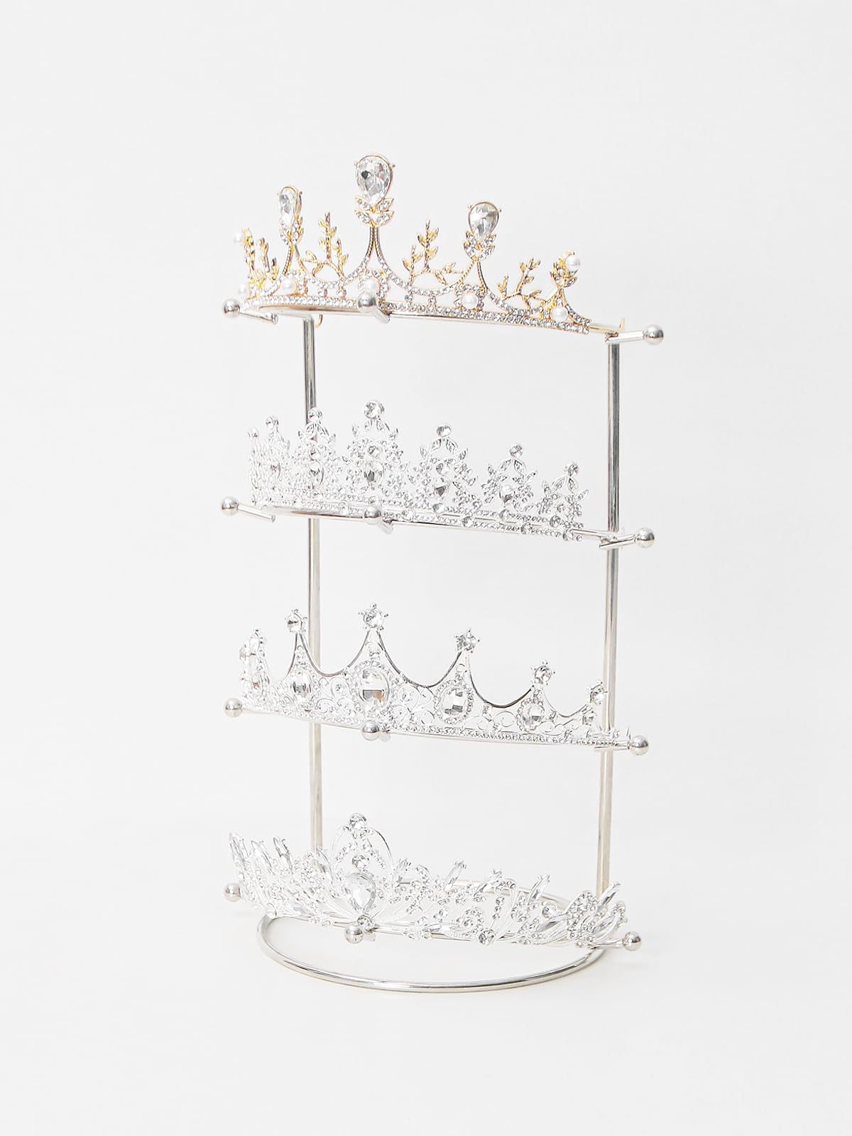 Photo 1 of Byken 4 Tier Crown Holder,Tiara Organizer,.Golden Bridal Headdress Display Stand for Selling,Headband Ear Crown Storage Tower,Jewelry Holder for Girls Wedding Home Shop Store (Silver)