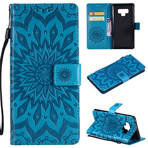 Samsung Note 9 Case,Galaxy Note 9 Wallet Case,Galaxy Note 9 Flip Case PU Leather Emboss Mandala SUN Flower Folio Magnetic Kickstand Cover with Card Slots for Samsung Galaxy Note 9 Blue