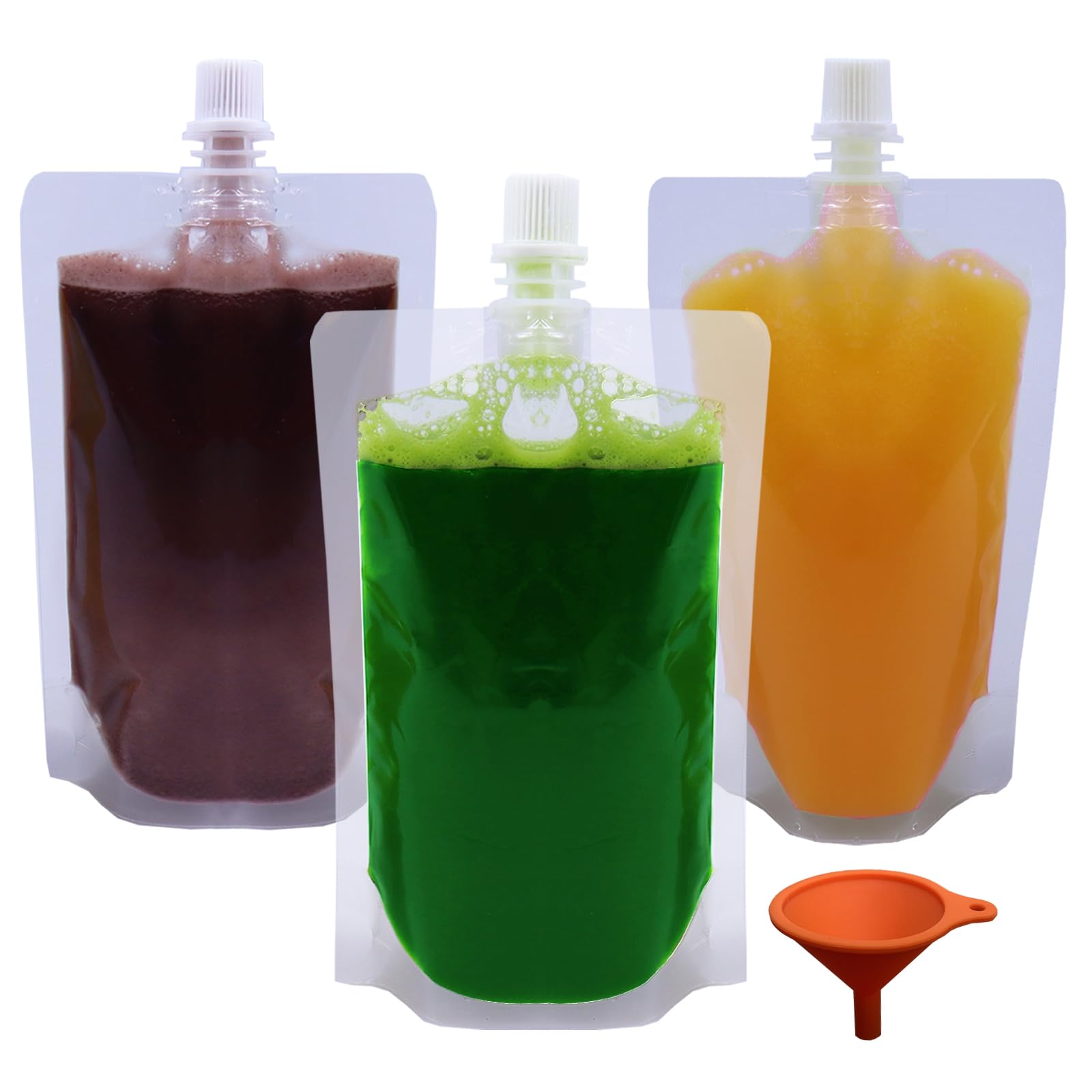 Yelinosk 20Pack Clear Drink Pouches 500ml with caps and Funnel for Festivals,Leak Proof Alcohol Juice Liquid Pouches Bags, Beverage Bags, Plastic Hip Flask for Parties, Picnic, Travel, Sports