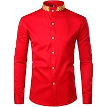 ZEROYAA Men's Gold Embroidery Mandarin Collar Dress Shirt - Slim Fit Long Sleeve, Red, X-Large