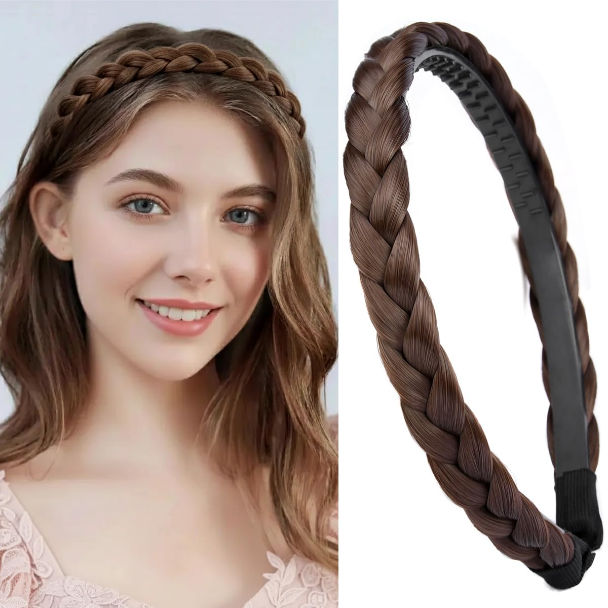 Gledola Braided Headband With Teeth Braids Hairband With Tooth Synthetic Hair Band Plaited Hairband For Women (Chestnut) — image 1