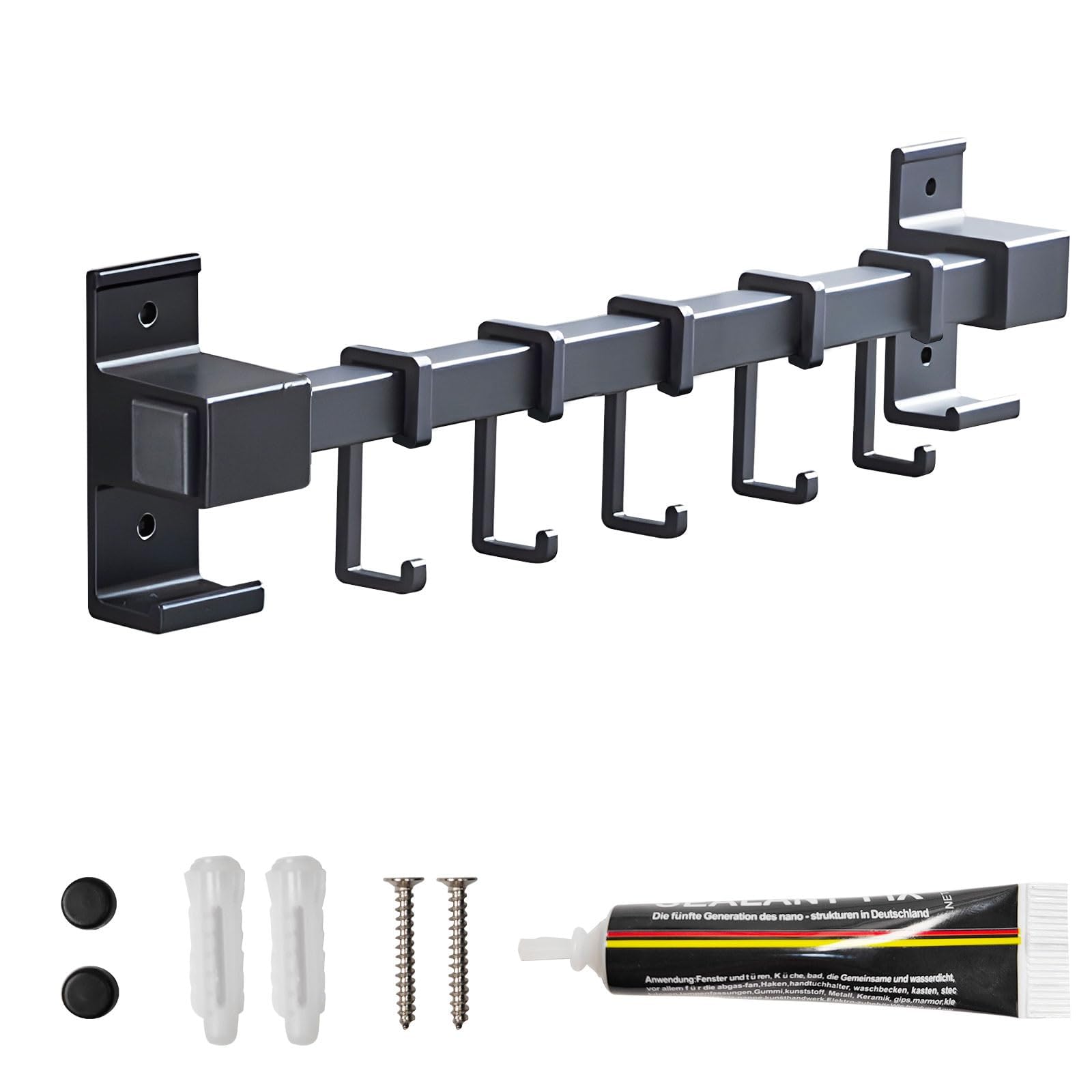 Global-Daily Kitchen Rail Utensil Holder Wall Mounted, Black Space Aluminum Hanging Rack with Multiple Hooks (5-10), Max 20KG Load, No Drill/Drill Installation, Anti-Rust, Heavy Duty (30cm)