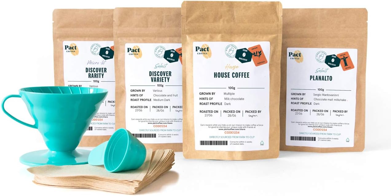 Pact Coffee Variety Pack + Hario V60 Teal Coffee Dripper Kit | Gift Set - 4 x 100g Speciality Coffee Including Super Rare Micro-Lot