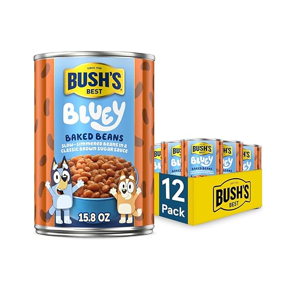 BUSH’S BEST 15.8 OZ CANNED BLUEY ORIGINAL BAKED BEANS, SOURCE OF PLANT BASED PROTEIN AND FIBER, LOW FAT, GLUTEN FREE, (BLUEY), (PACK OF 12)