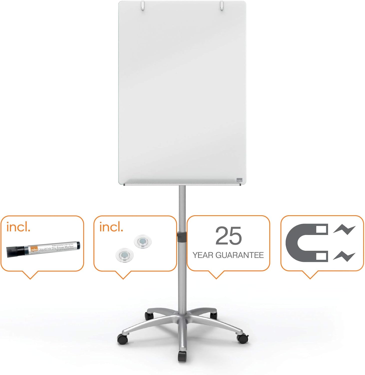 Nobo Glass Magnetic Whiteboard, Flipchart Easel with Adjustable Roller Stand, 700 x 1850 x 745 mm, Brilliant White : Office Products