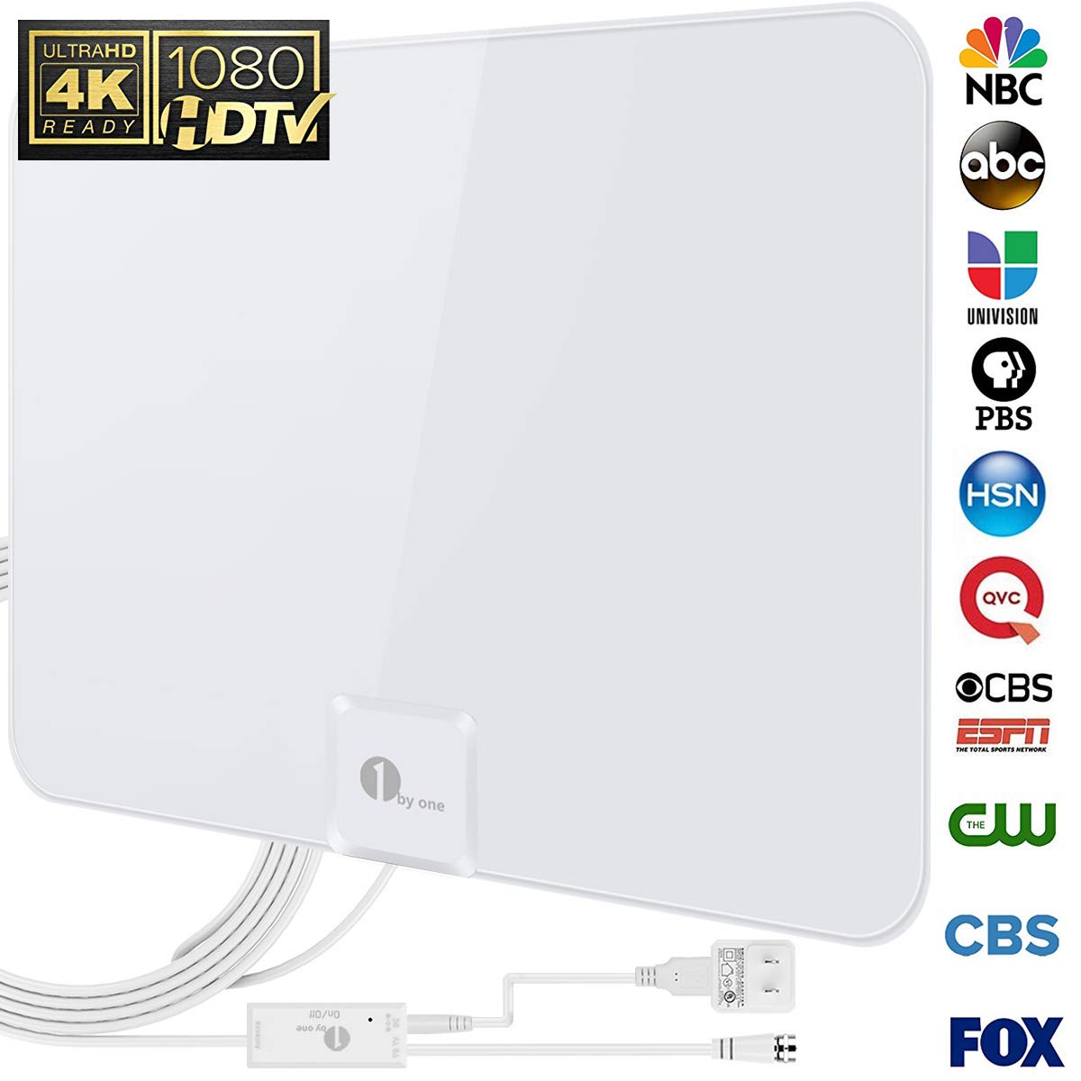 1byone 50 Miles Amplified HDTV Antenna with Amplifier Booster USB Power Supply to Boost Signal and 20ft Coaxial Cable, Shiny Antenna
