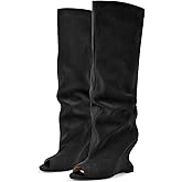 Rhineshell Women's Wedge Knee High Sandal Boots Peep Toe Slouchy Pull On High Heels