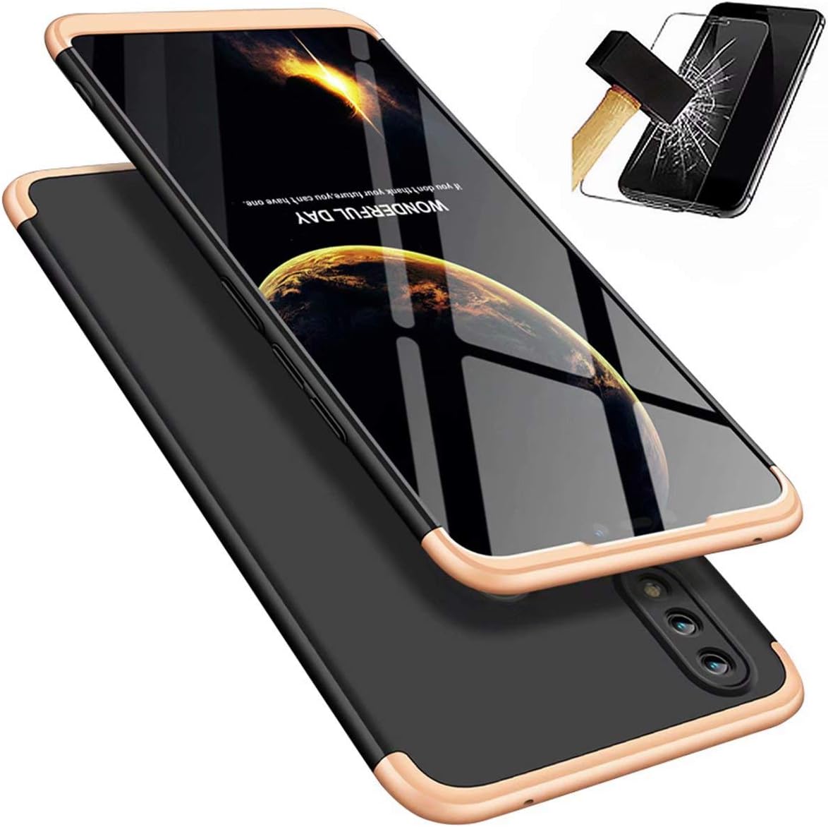 Lanpangzi Compatible with Huawei Honor 8X Case TPU Silicone 3 in 1 Combination Ultra Slim Cover with [Tempered Glass Screen Protector] Scratch-resistant Protective Case - Gold and Black