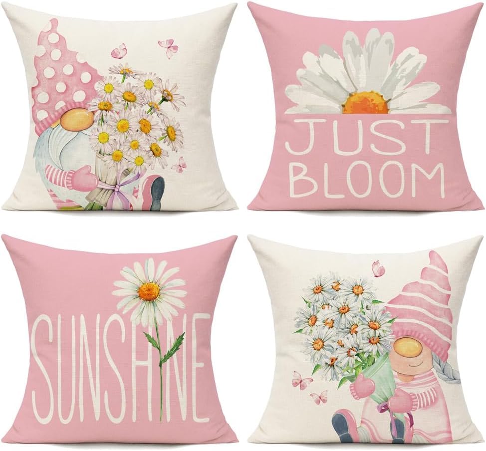 BAOKU Cushion Covers 45x45 cm Pillow Covers Spring Decorative Home Decor for Bed Couch Sofa Bedroom Office Pack of 4 daisy flowers pink Pattern Linen Pillowcase 18x18 Inch